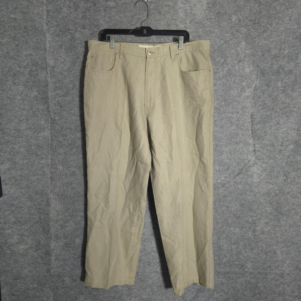 Perry Ellis America Pants Mens 38x30 Khaki Linen Cotton Blend Straight Chino
